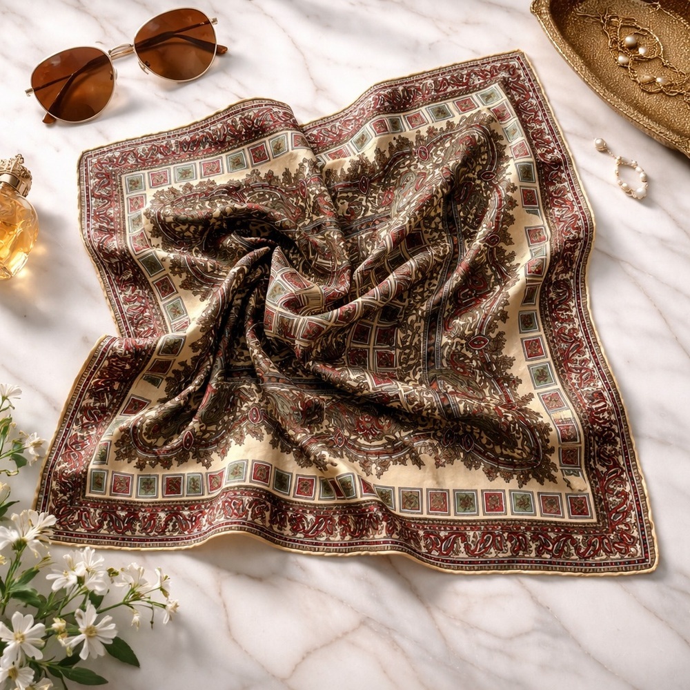 Vintage Silk Paisley Scarf 18” x 18” Cream Red Green Ornate Baroque Print